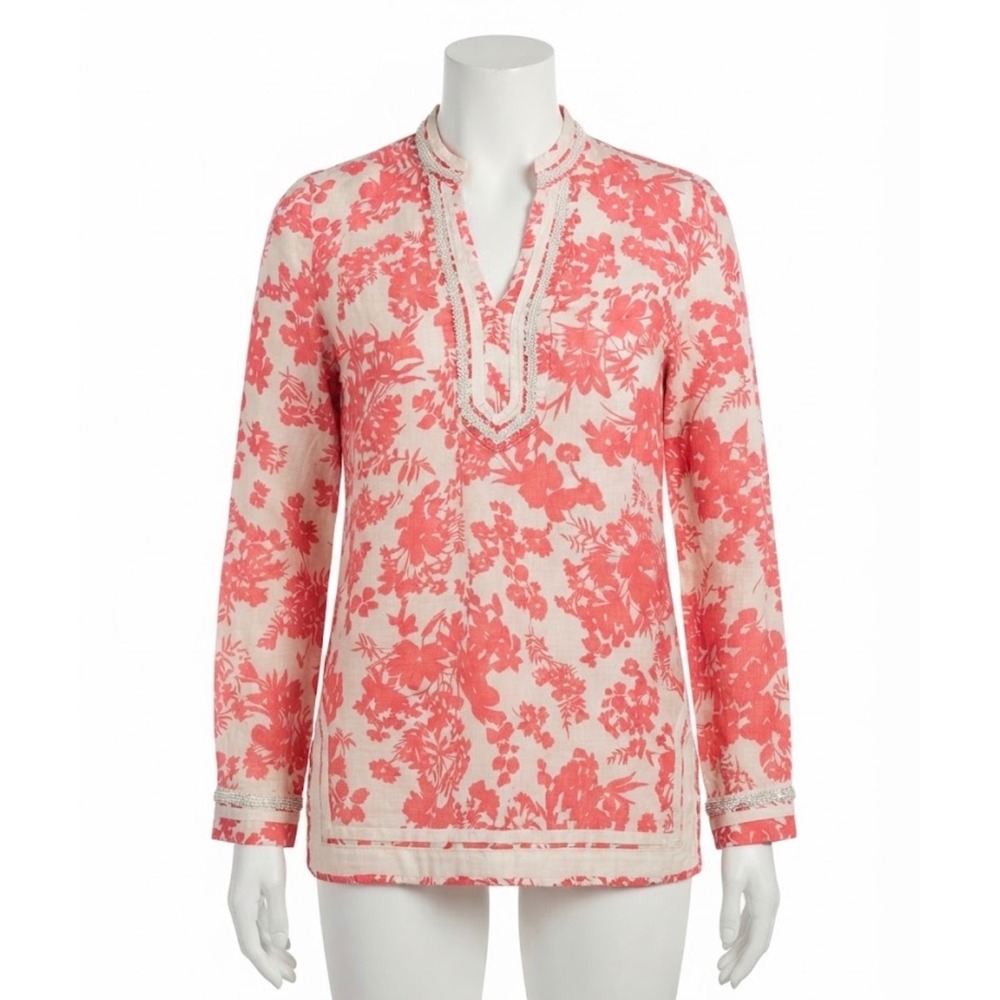 Malvin Hamburg Linen Floral Tunic Top Coral Pink White Embroidered Split Neck S